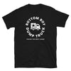 Black tee featuring 'Bottom Boy Dump Truck' graphic, gay pride apparel, humorous design.