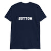 Navy blue t-shirt featuring bold 'BOTTOM' text; trendy pride apparel design.