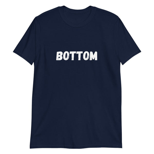 Navy blue t-shirt featuring bold 'BOTTOM' text; trendy pride apparel design.