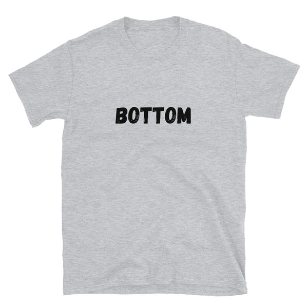 Grey t-shirt with bold 'BOTTOM' text, fitting for gay pride apparel.