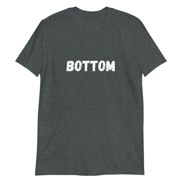 Dark gray shirt with bold white text reading 'BOTTOM', part of pride apparel.