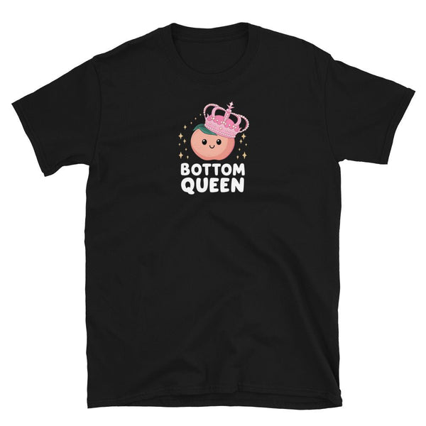 Fun black gay pride shirt featuring 'BOTTOM QUEEN' and a crown design.