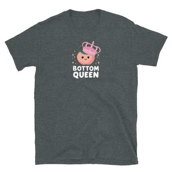 Charcoal gray t-shirt featuring 'BOTTOM QUEEN' with a crown, ideal for pride apparel.