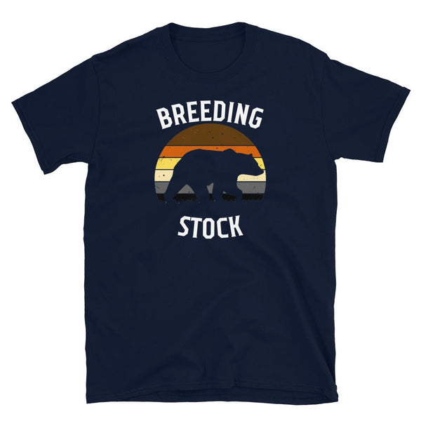 Navy blue gay bear shirt with "Breeding Stock" text and bear graphic.