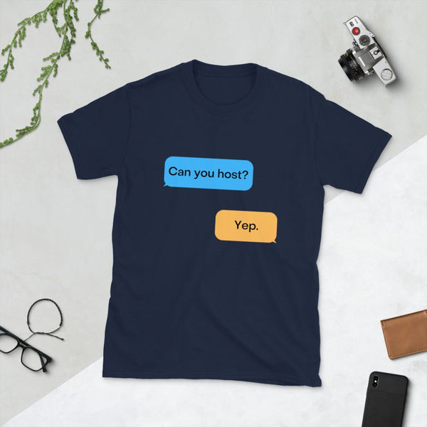 Navy blue funny gay shirt with Grindr-themed text design, LGBT pride apparel.