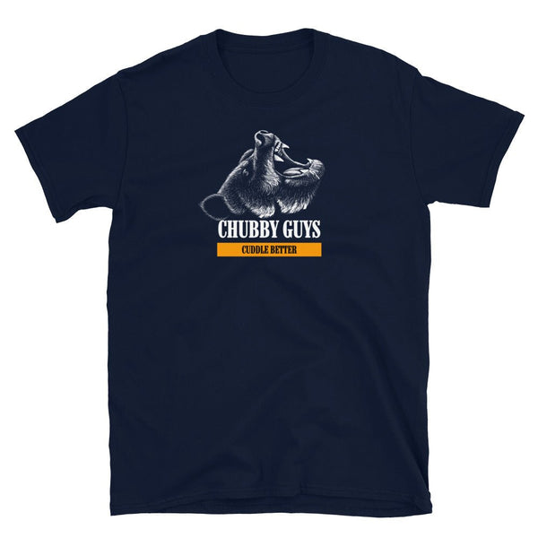 Navy blue gay shirt with bear graphic and 'Chubby Guys Cuddle Better' text.