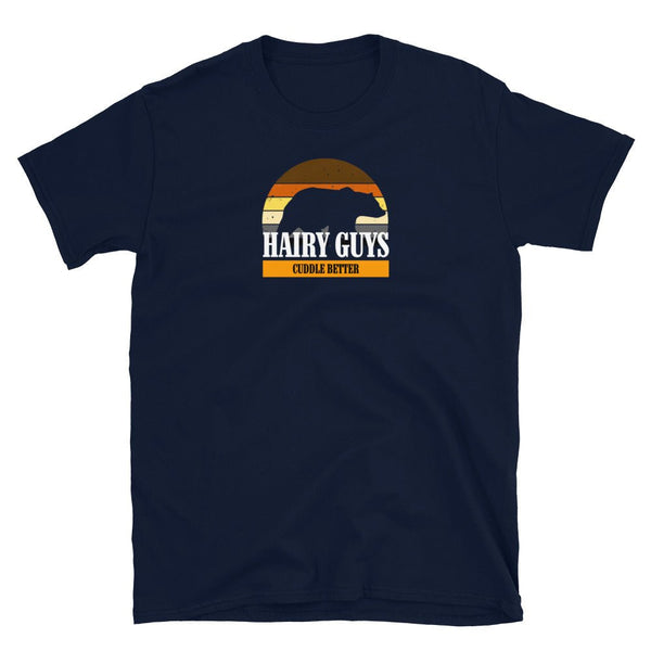 Navy blue gay shirt with 'Hairy Guys Cuddle Better' graphic design.