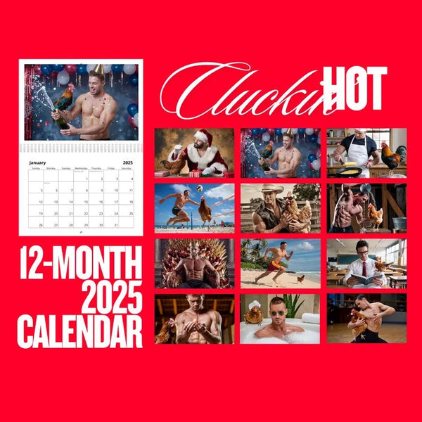 Cluckin Hot Calendar 2026 - Sexy Men and Chickens - Funny Hunks and Hens Wall Calendar with muscular men and chickens.