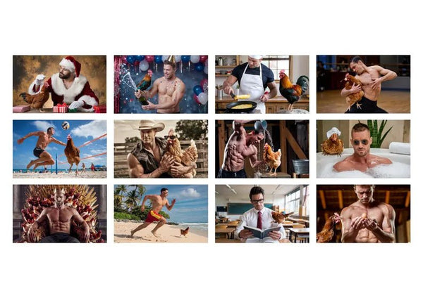 Cluckin Hot Calendar 2026 - Sexy Men and Chickens - Funny Hunks and Hens Wall Calendar images featuring shirtless men with chickens.