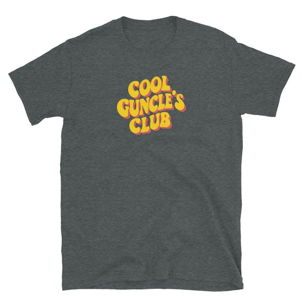 Dark grey t-shirt featuring 'Cool Guncle's Club' design, perfect gay pride apparel.