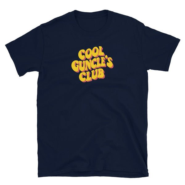 Navy blue t-shirt with 'Cool Guncle's Club' graphic, a fun gay pride shirt.