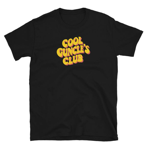 Cool Guncle's Club Shirt in black, featuring bold yellow text, perfect gay pride apparel.