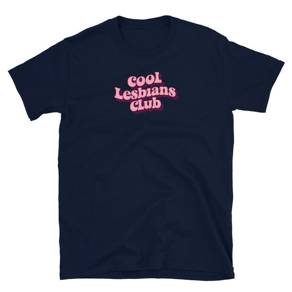 Navy blue t-shirt with 'Cool Lesbians Club' graphic, perfect LGBTQ pride apparel.