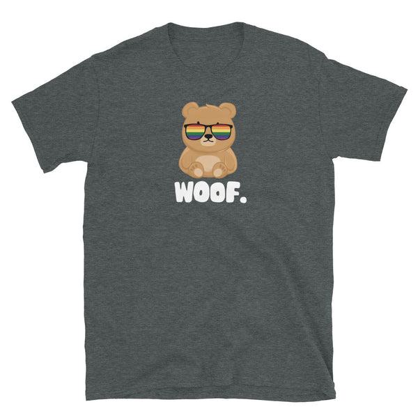 Cute Bear Gay Rainbow Shirt featuring a playful bear with sunglasses and 'Woof.' text.
