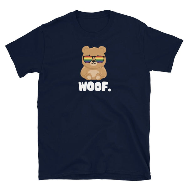 Cute Bear Gay Rainbow Shirt with sunglasses and "WOOF." text design.