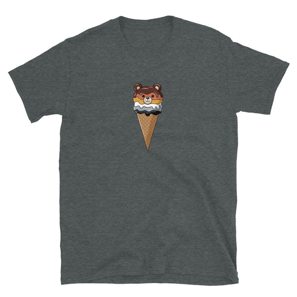 Dark grey t-shirt featuring a cute ice cream bear design, ideal for pride apparel.