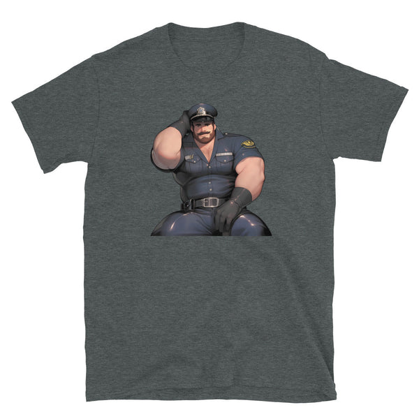 Cute Gay Bear Cop Shirt - Daddy Bear, Anime Bear Art, Uniform on dark heather t-shirt.
