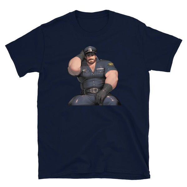 Cute Gay Bear Cop Shirt - Daddy Bear, Anime Bear Art, Uniform design on navy tee.