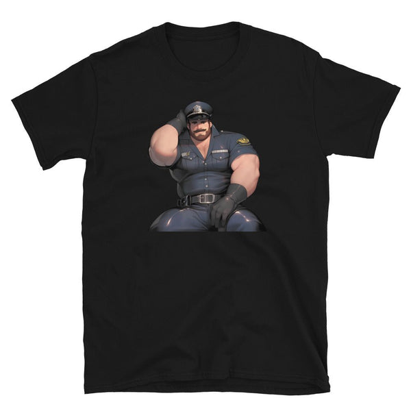 Cute Gay Bear Cop Shirt - Daddy Bear, Anime Bear Art, Uniform design on a black t-shirt.