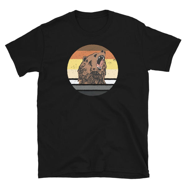 Black t-shirt featuring a roaring bear in pride flag colors, gay bear apparel.
