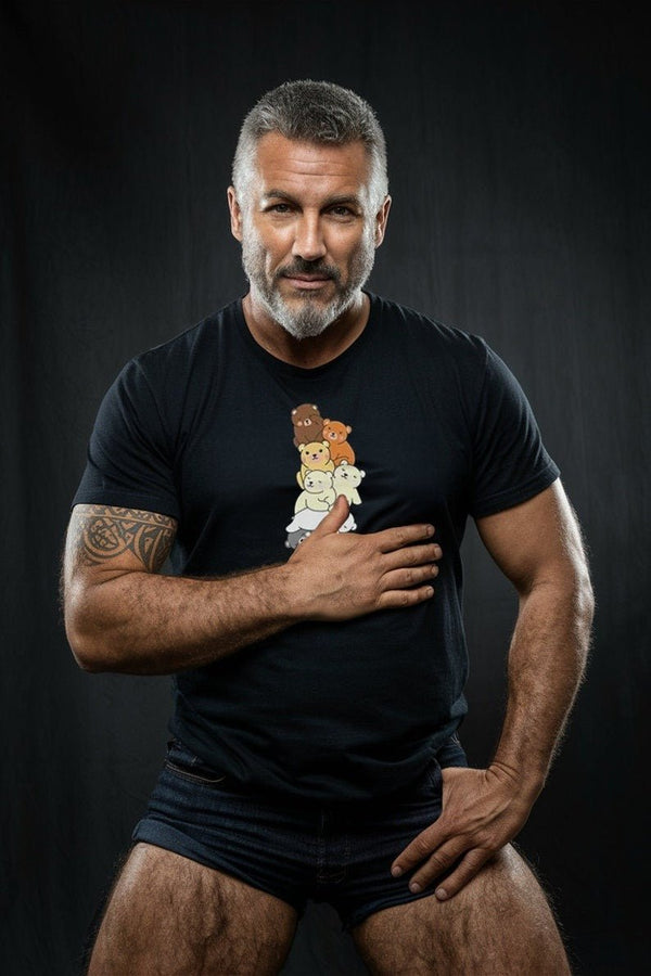 Model wearing a black gay pride shirt with cute bear graphics.
