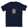 Navy blue shirt featuring a bear paw graphic with forest scene, gay bear pride apparel.