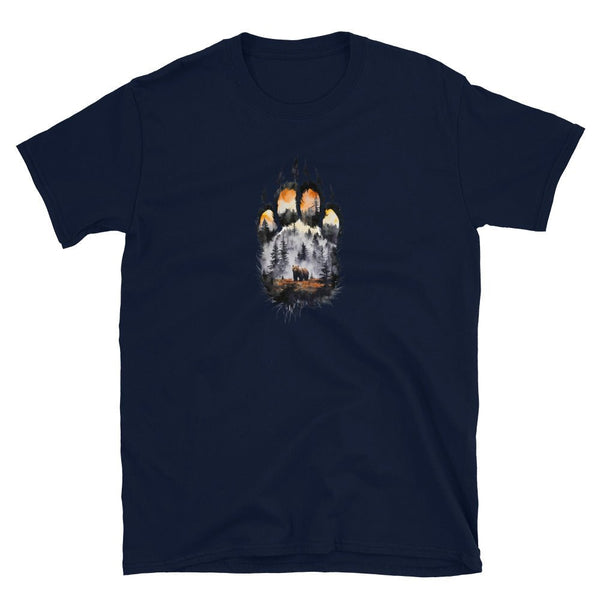 Navy blue shirt featuring a bear paw graphic with forest scene, gay bear pride apparel.