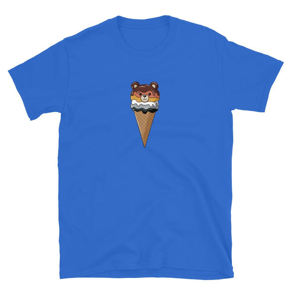 Cute Ice Cream Bear Pride Shirt, LGBTQ+ Gay Bear Pride Tee, Kawaii Bear Colors Pride Month on blue shirt.