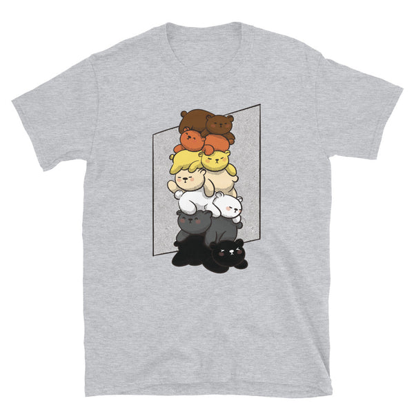Cute Gay Bear Pride T-Shirt - Bear Flag 7 Colours featuring stacked cartoon bears on grey fabric.