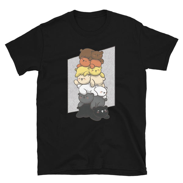 Cute Gay Bear Pride T-Shirt - Bear Flag 7 Colours featuring stacked colorful bear graphics on black fabric.