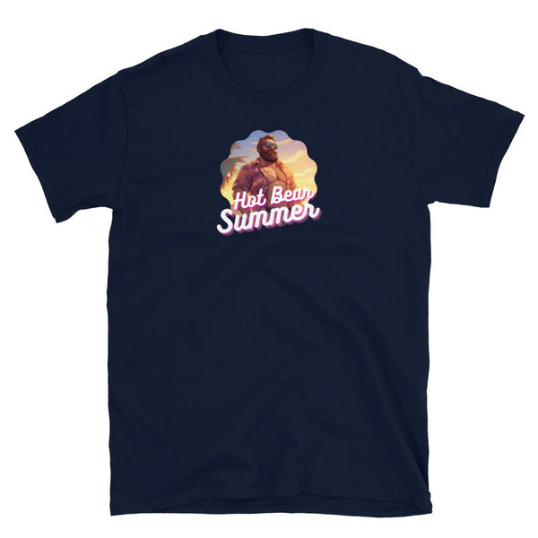 Navy gay shirt featuring 'Hot Bear Summer' graphic design.