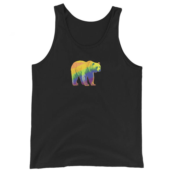 Cute Gay Bear Tank Top featuring rainbow bear graphic on black fabric.