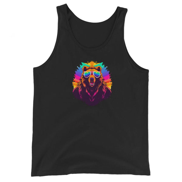 Cute Gay Bear Top | Bear Pride Outfit | Gay Pride Bear Shirt | LQBTQ Rainbow Flag Gifts on a black tank top.