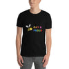 Model wearing a black gay pride shirt featuring a bee and colorful text.
