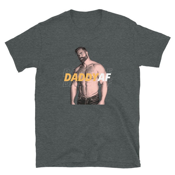 Daddy AF Gay Bear T-Shirt featuring a muscular model in a grey tee.