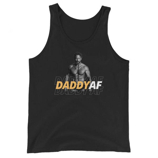 Black tank top featuring a muscular man and 'DADDY AF' graphic design.