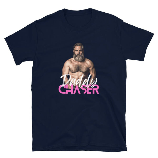 Daddy Chaser Gay Men's T-Shirt with bear graphic in navy blue.