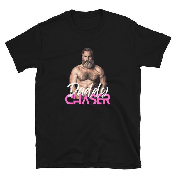 Daddy Chaser Gay Men's T-Shirt featuring a muscular model in a playful design.