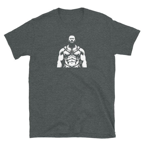 Daddy Gay T-Shirt featuring a muscular male graphic, grey fabric, pride apparel.