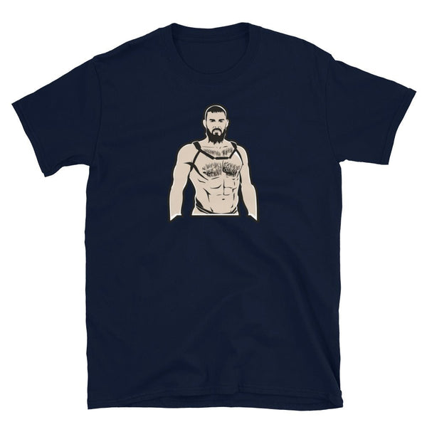 Daddy Gay T-Shirt | Gay Pride Shirt with muscular man graphic on navy fabric.