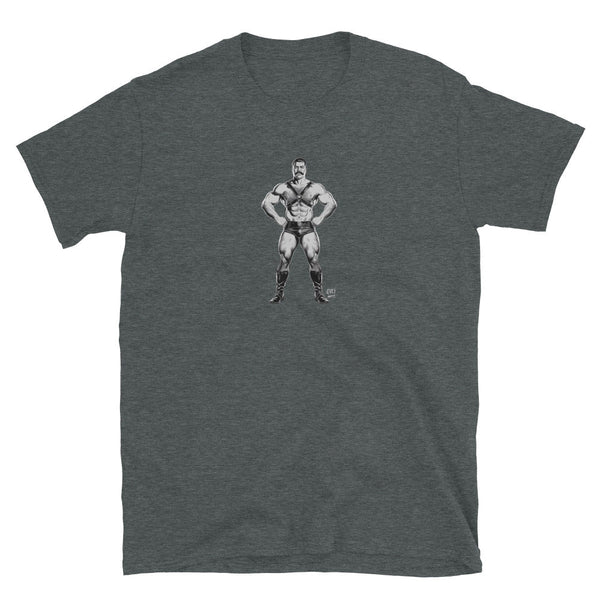 Dark heather gay pride shirt featuring a muscular man design, perfect for LGBTQ+ pride.
