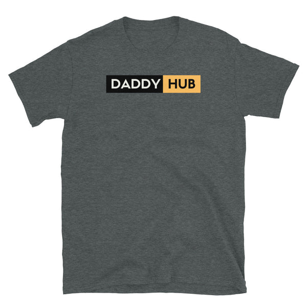 Grey shirt featuring "DADDY HUB" text, ideal gay pride apparel.