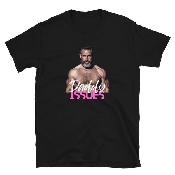 Daddy Issues Gay Men's T-Shirt featuring a muscular model on black fabric.