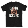 Black gay shirt featuring muscular older man and 'DADDY ISSUES' design.