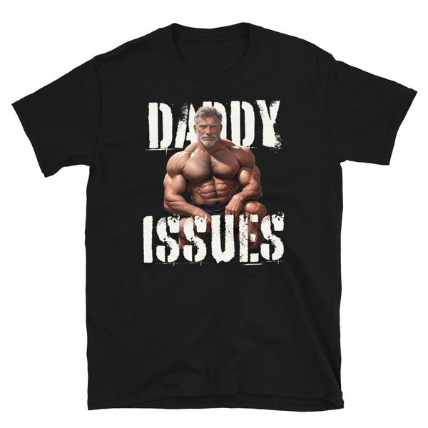 Black gay shirt featuring muscular older man and 'DADDY ISSUES' design.