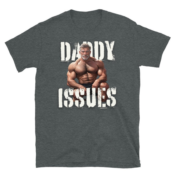 Gay pride shirt with muscular older man graphic and text 'DADDY ISSUES'.