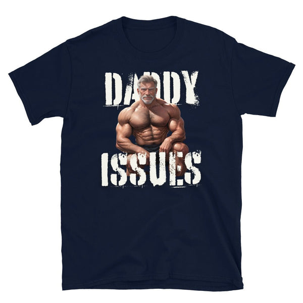 Navy blue gay shirt featuring muscular man with 'Daddy Issues' graphic design.