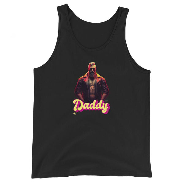 Black tank top featuring a graphic of a muscular man with the word 'Daddy', ideal gay pride apparel.
