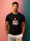Model wearing black gay shirt with 'DADDY ISSUES' graphic design.