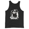 Black tank top featuring a muscular man graphic and 'Woof!' text, gay pride apparel.